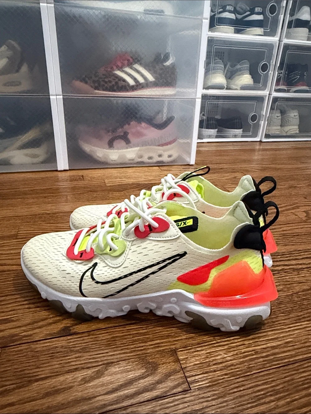Nike Kids Sneakers in Cream with Neon Yellow & Bright Coral Accents